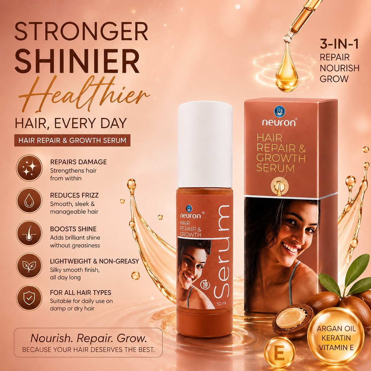 Neuron Hair Repair & Growth Serum 50ml | Keratin & Argan Oil |